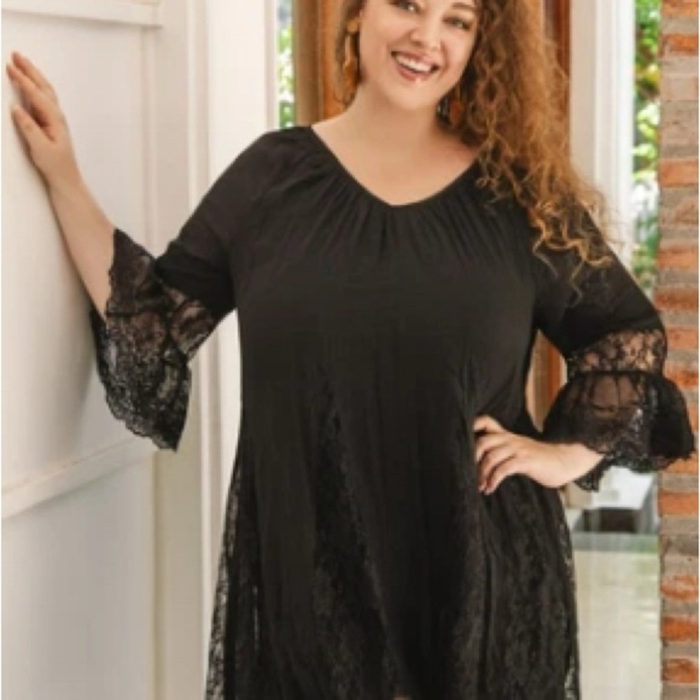 Plus Size Vintage Peasant BOHO GYPSY Black Laced Ruffle DRESS TUNIC-size 2XL